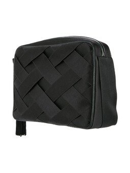 Antique CHANEL - Collectors! Vintage Black satin ribbon lattice handbag with wide satin strap and bow, silk tassel