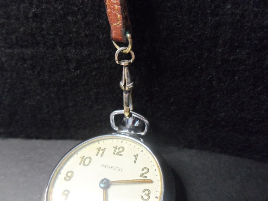 Antique Vintage Ingersoll Foremans Pocket Watch With Original Leather Button Hole Fob Strap