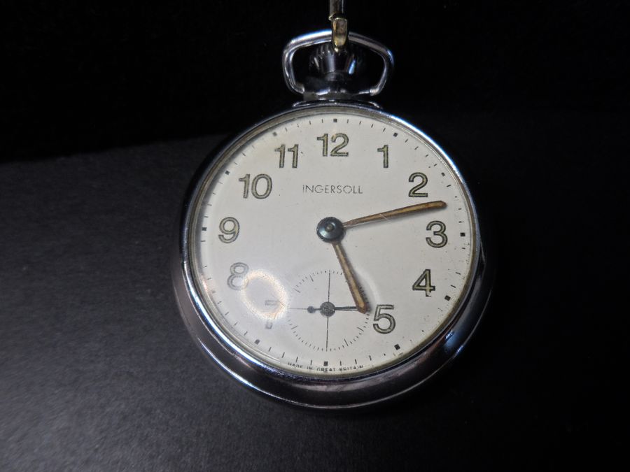 Antique Vintage Ingersoll Foremans Pocket Watch With Original Leather Button Hole Fob Strap