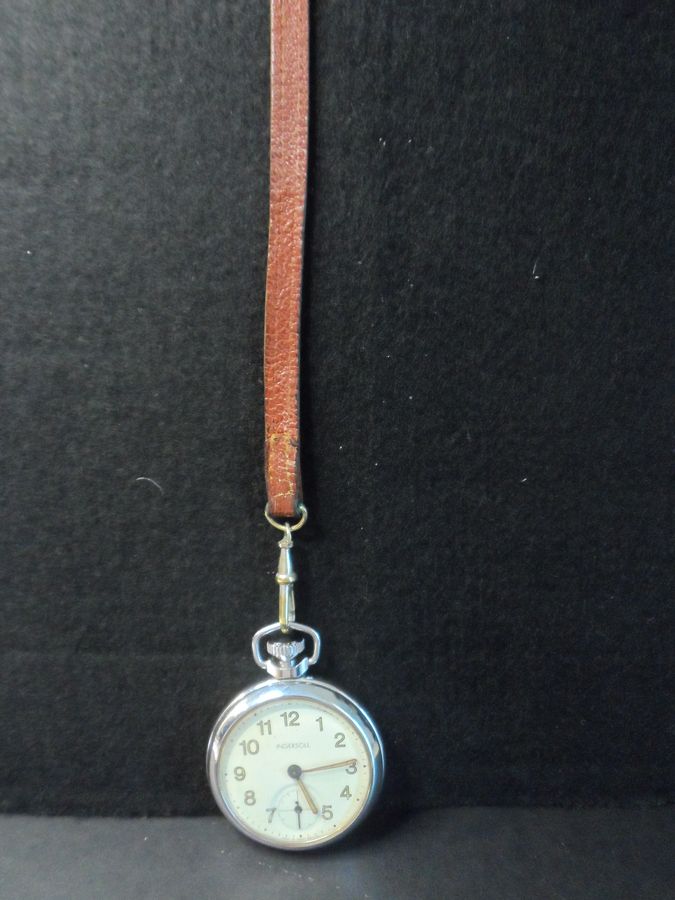 Antique Vintage Ingersoll Foremans Pocket Watch With Original Leather Button Hole Fob Strap