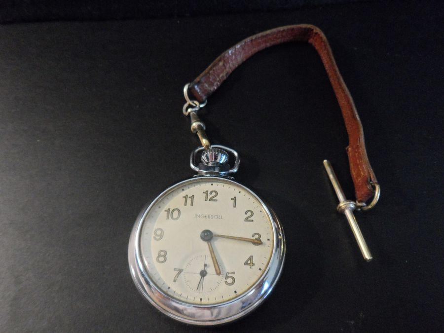 Antique Vintage Ingersoll Foremans Pocket Watch With Original Leather Button Hole Fob Strap