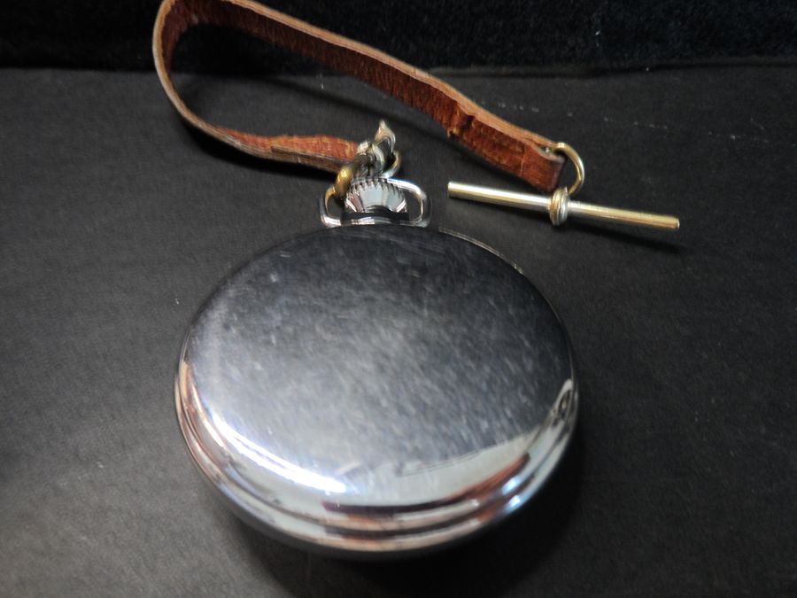 Antique Vintage Ingersoll Foremans Pocket Watch With Original Leather Button Hole Fob Strap