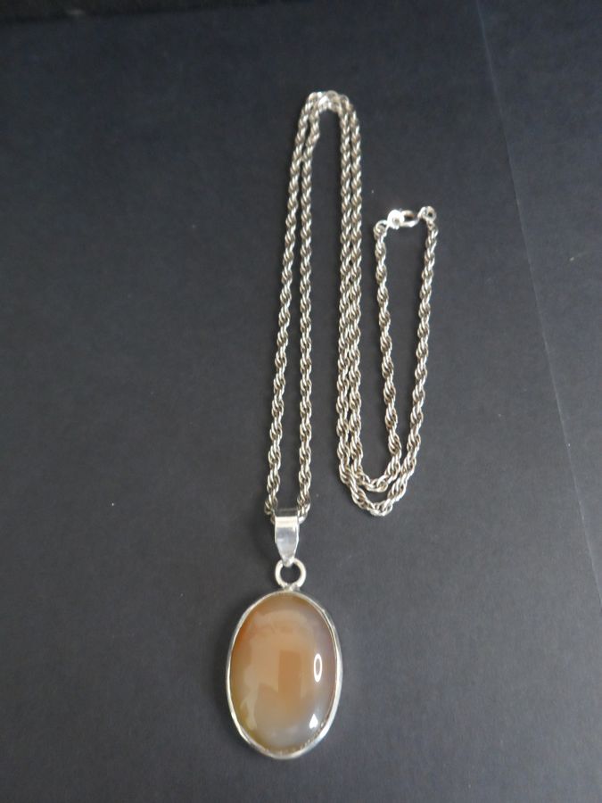 Vintage 925 Silver & Smokey Amber Pendant and Chain