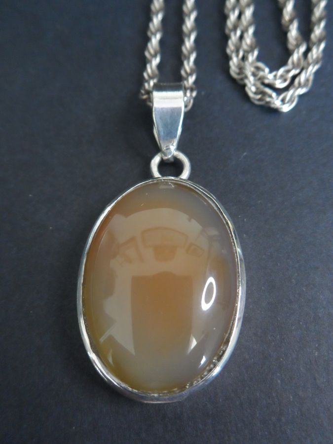 Antique Vintage 925 Silver & Smokey Amber Pendant and Chain