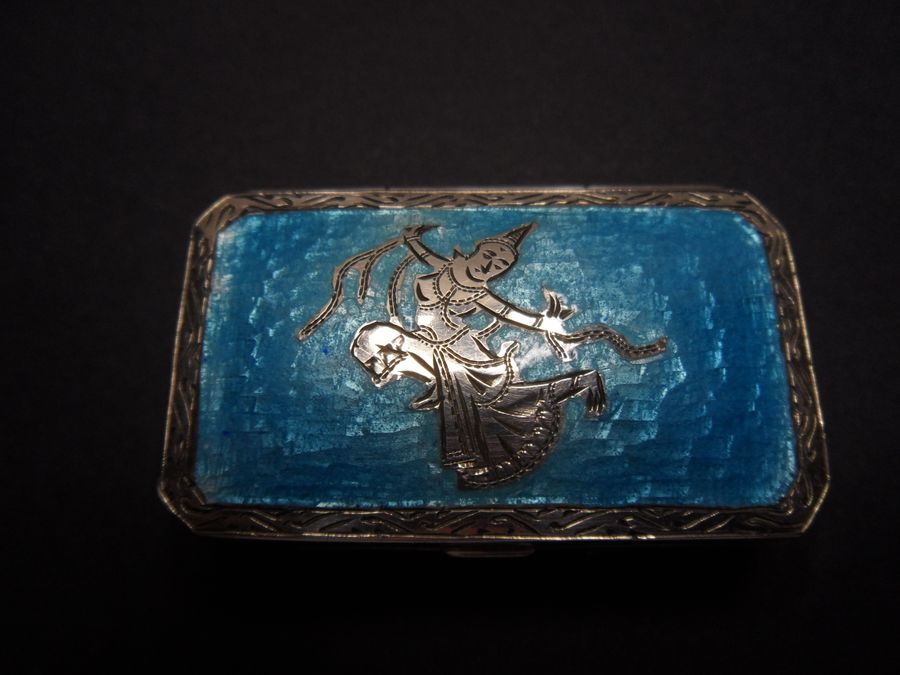 Iridescent Turquoise Blue Enamel Silver Pill Box