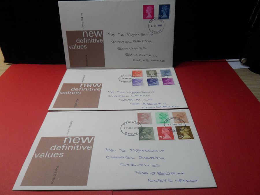 Three Official First Day Covers of the New Definitive Values + Inserts.