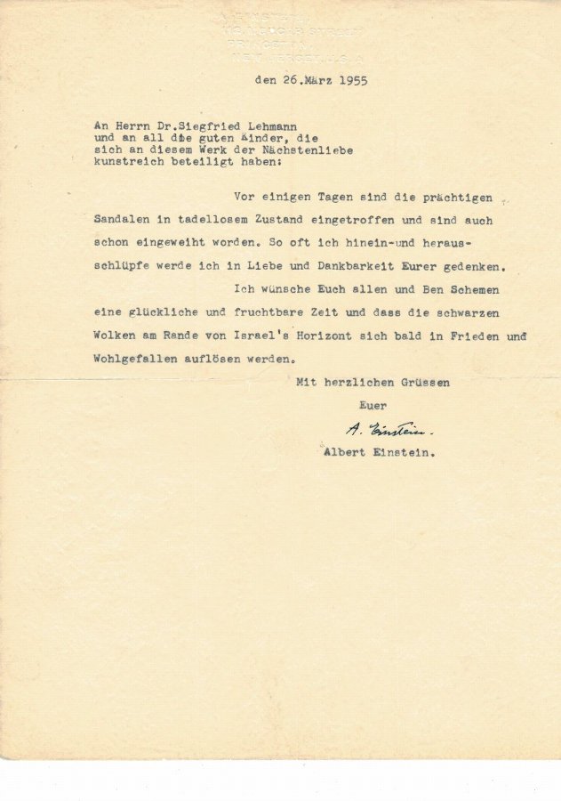 Antique Letter Of Appreciation By The Jewish Genius Who Solved The Mysteries Of The Universe Albert Einstein For The Sandals Made For Him By Orphans In The Land Of Israel Antiques Co Uk