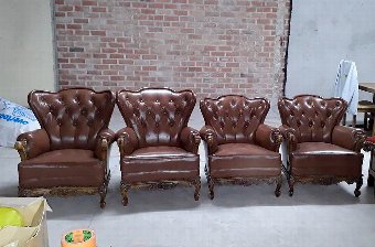 Antique Vintage Classic Victoria Chesterfield Sofa and Four Wing Chairs  Warm Brown Leather  Living Room Set