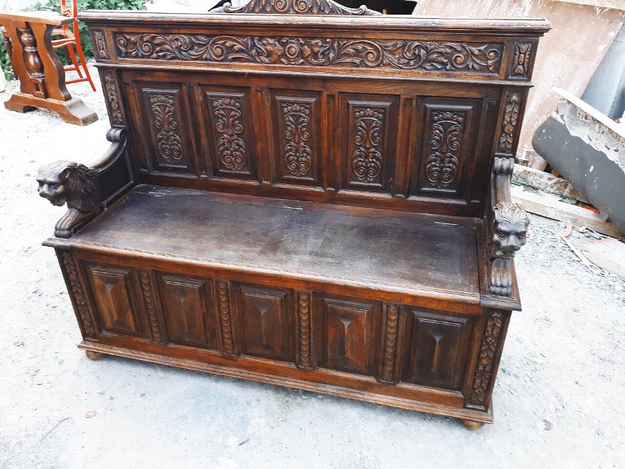 Antique Antique French Carved Oak Hall Seat Settle Monks Bench with Storage