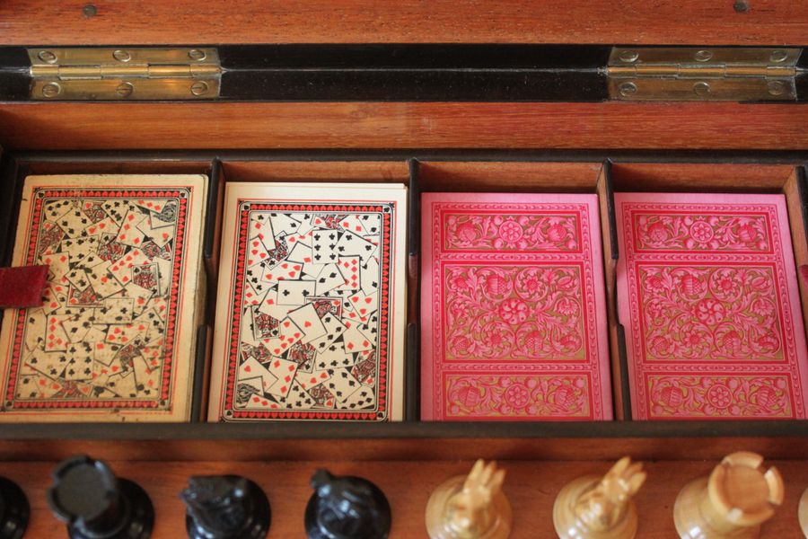 Antique A high quality Victorian burr walnut cased compendium of games