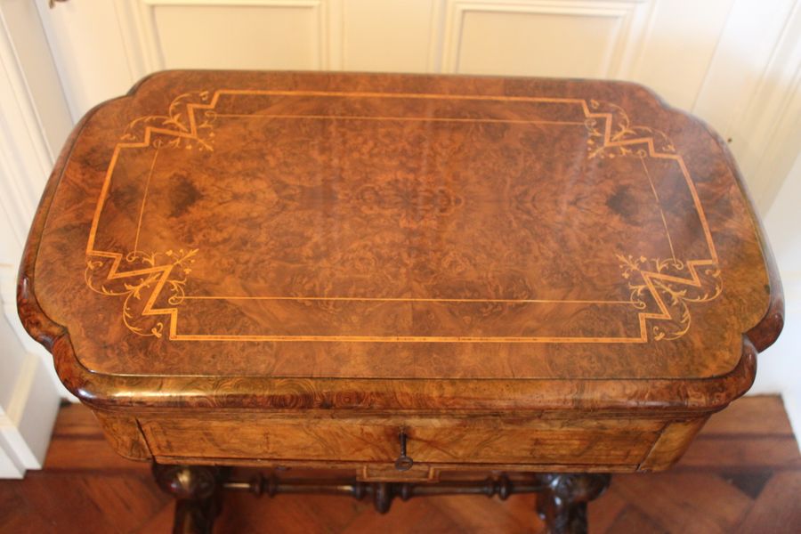 Antique A Victorian burr walnut games sewing table