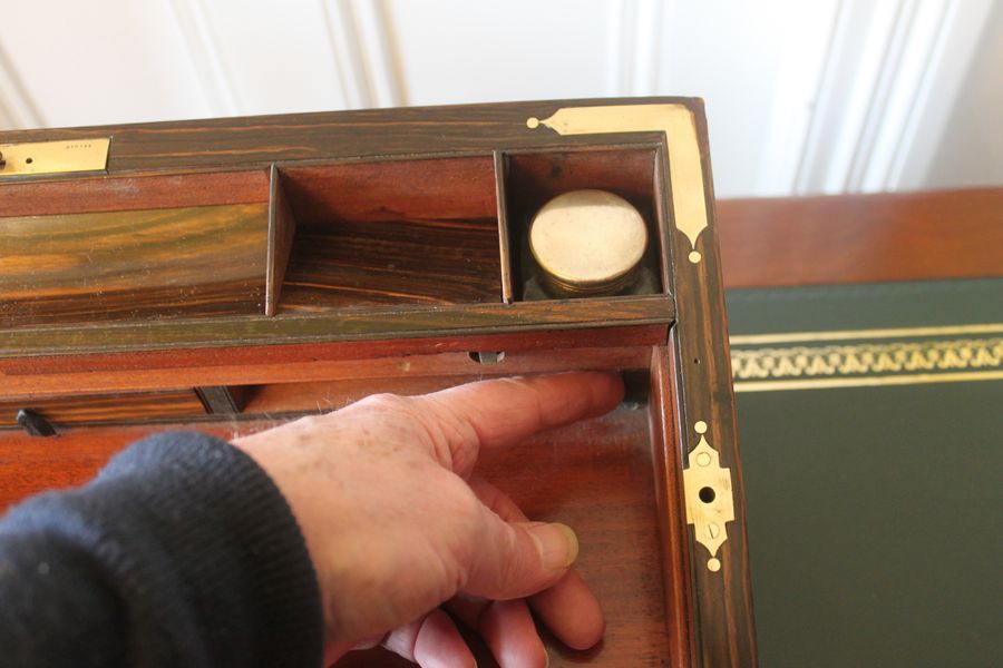 Antique Victorian burr walnut writing slope with secret drawers and compartment.