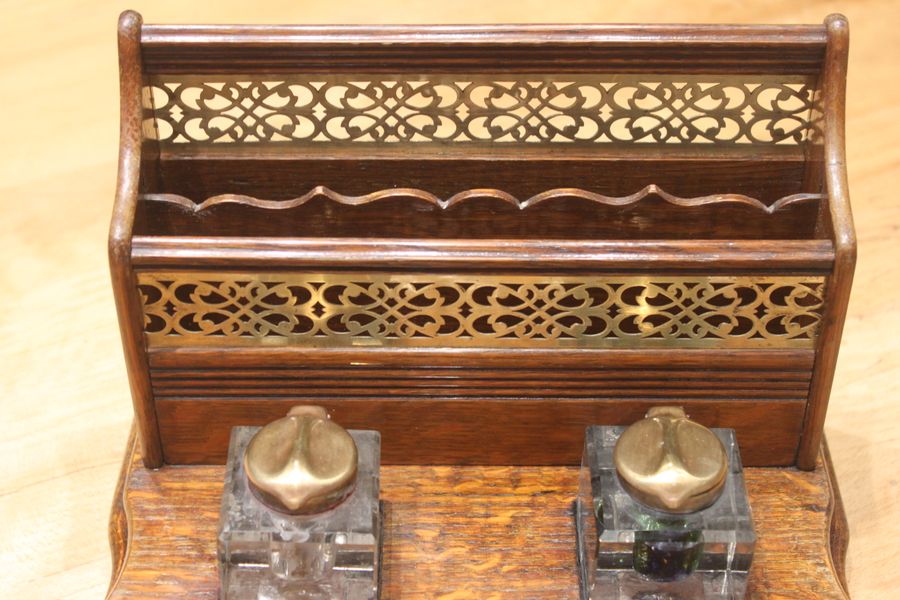 Antique Late Victorian oak and brass desk tidy or standish