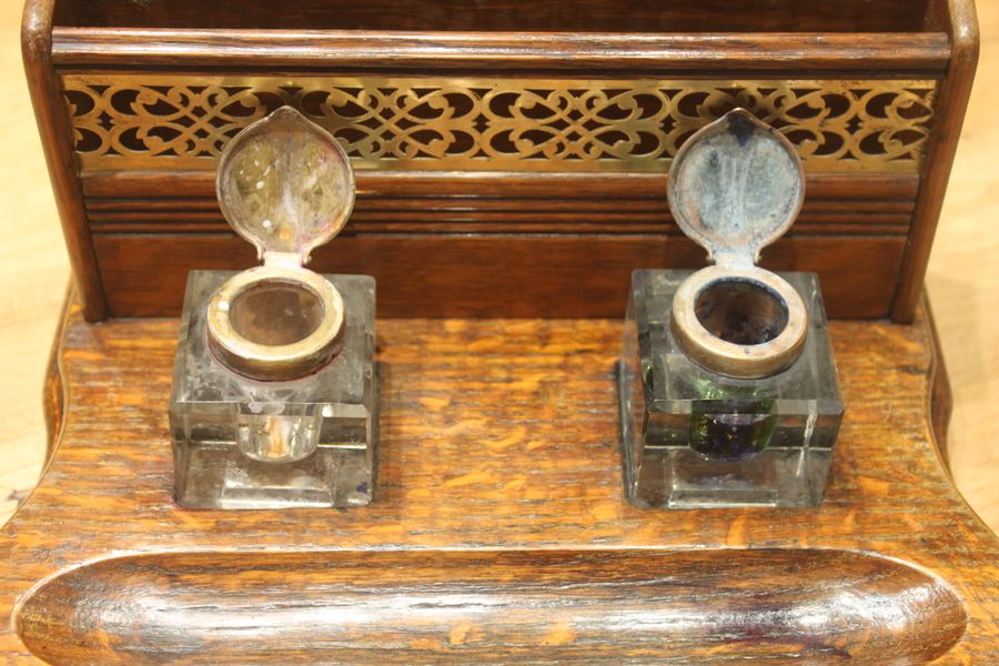 Antique Late Victorian oak and brass desk tidy or standish