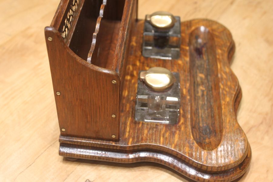 Antique Late Victorian oak and brass desk tidy or standish