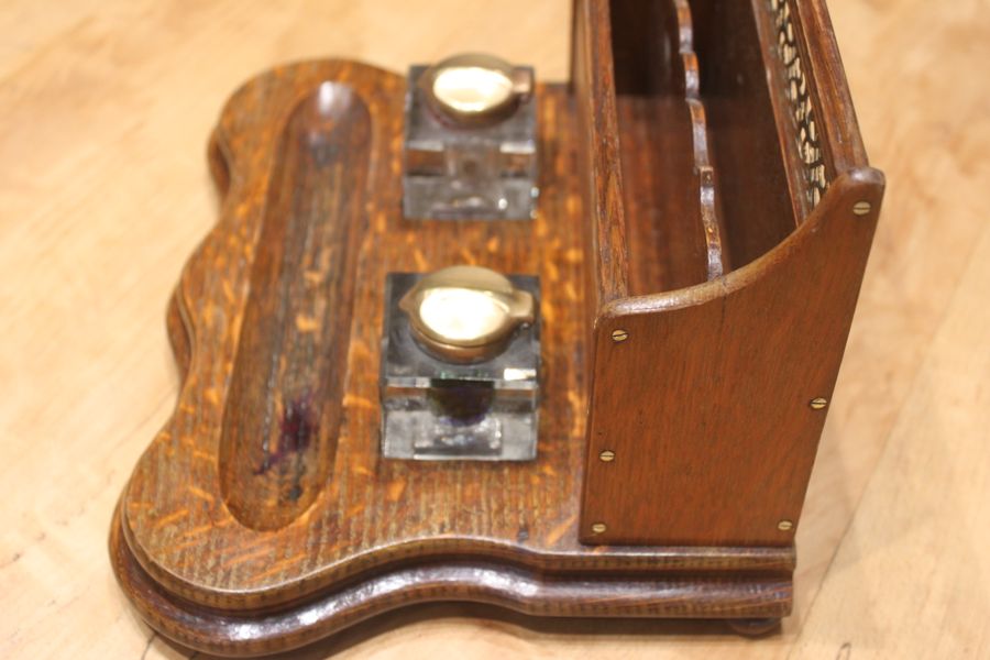 Antique Late Victorian oak and brass desk tidy or standish