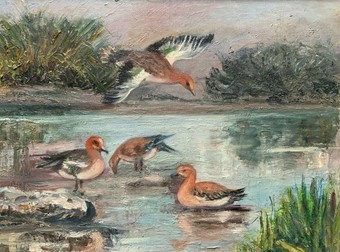 Antique BEAUTIFUL 20thc ANTIQUE OIL PAINTING 'Wigeon' DUCKS IN A UK WILDFOWL RESERVE