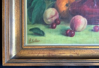 Antique Lovely 20thc Vintage Antique Still Life Fruit Study Oil - Signed - Gilt Framed 