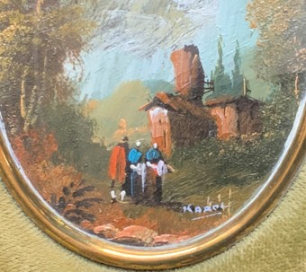 Antique Exquisite 20thc Antique Miniature Swiss Landscape Oil - Superb Oval Brass Frame