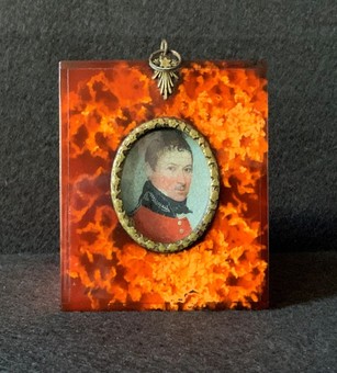 Antique 19thc - Faux Tortoiseshell Miniature Frame - Inc: Naval Officer portrait Print