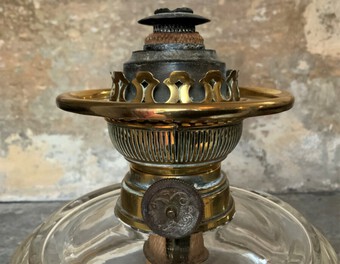 Antique Superb Tall 19thc 'Matador' Brown Ceramic & Milky White Brass Table Oil Lamp