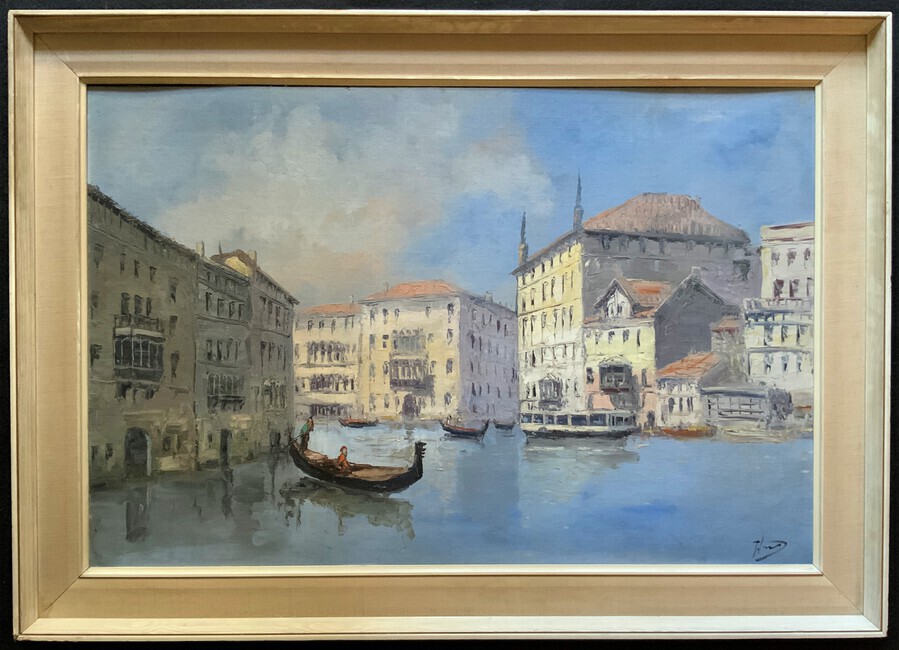 'Venetian Scene' A Huge Original Vintage Venice Canal Cityscape Oil Painting'