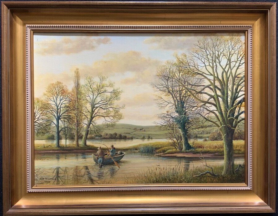 Fishing The River Ouse - Lovely Vintage North Yorkshire Riverscape Oil Painting