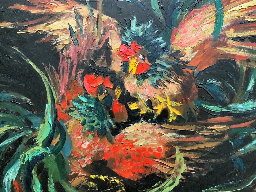 Antique Stunning Original 1970s Vintage Abstract  Acrylic Painting Cocks Fighting - Game