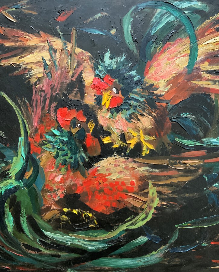 Antique Stunning Original 1970s Vintage Abstract  Acrylic Painting Cocks Fighting - Game