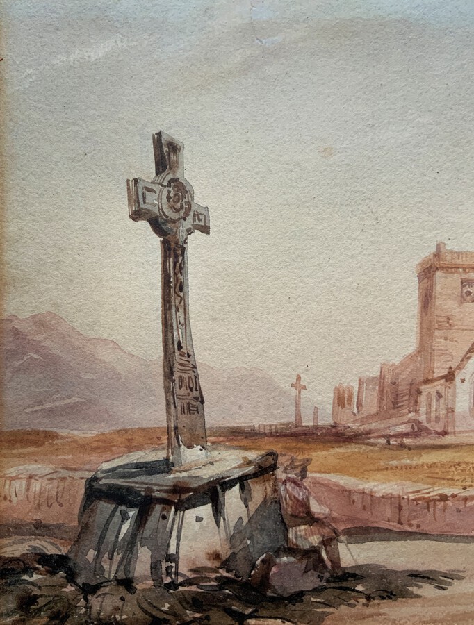 Antique Henry Barlow Carter (1803-1867) The Celtic Cross, Iona, Scotland - W/C Painting
