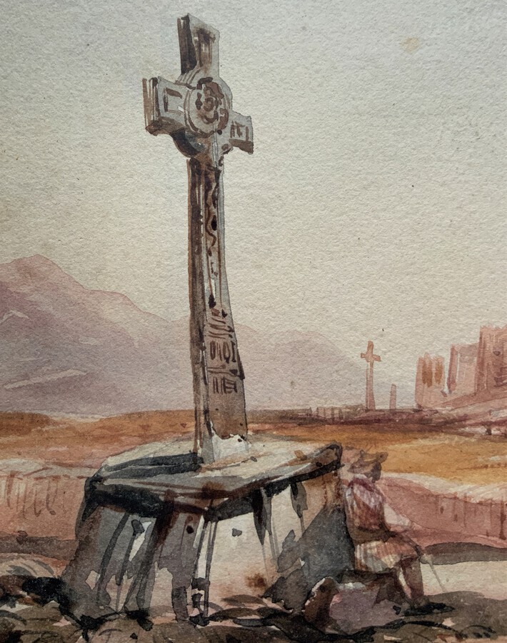 Antique Henry Barlow Carter (1803-1867) The Celtic Cross, Iona, Scotland - W/C Painting