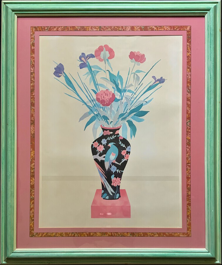 Antique Fine, V.Large Original Japanese Inspired Floral Still Life Watercolour Painting