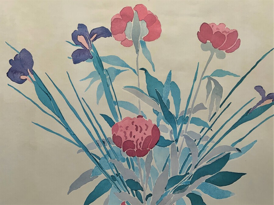 Antique Fine, V.Large Original Japanese Inspired Floral Still Life Watercolour Painting
