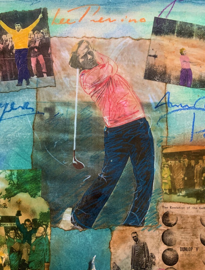 Antique 'Ryder Cup' Beautiful Signed Original 20thc Golfing Mixed Media Collage Painting