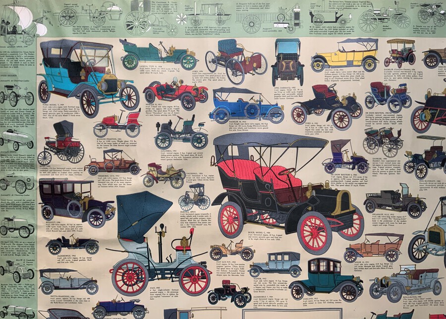 Antique Intriguing Very Large 1960s Oak Framed Vintage Car Automotive Lithograph Poster