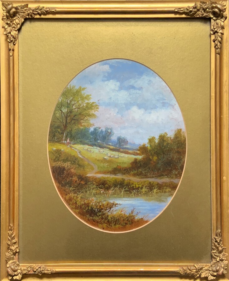 A Fine 19thc Antique British School Sheep & Country Landscape Oil Painting