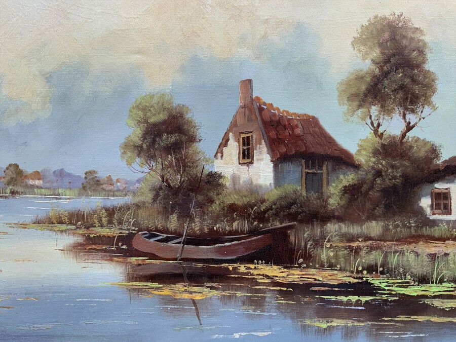 Antique A Beautiful Large 1960s Vintage Impressionist River Landscape Oil Painting