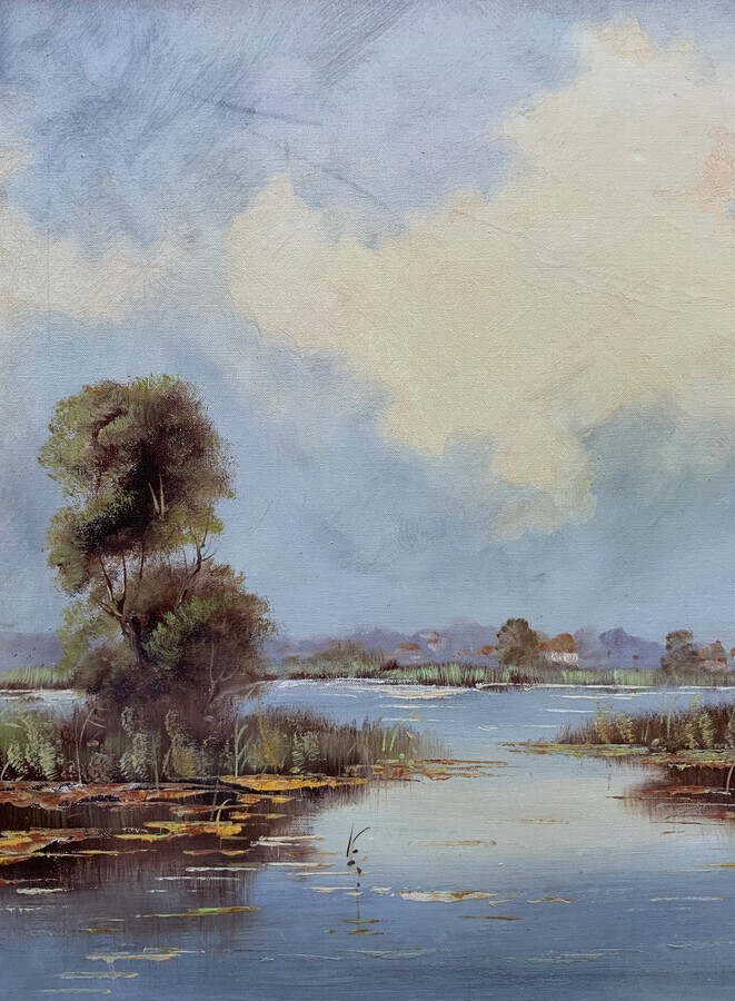 Antique A Beautiful Large 1960s Vintage Impressionist River Landscape Oil Painting