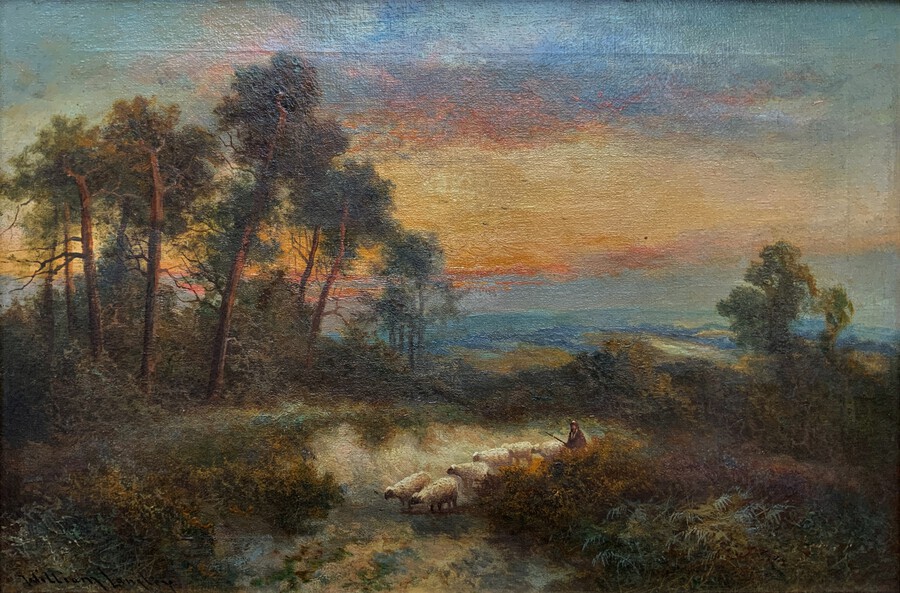 Antique William Langley (1852-1922) Original Early 1900s Sunset & Sheppard Landscape Oil