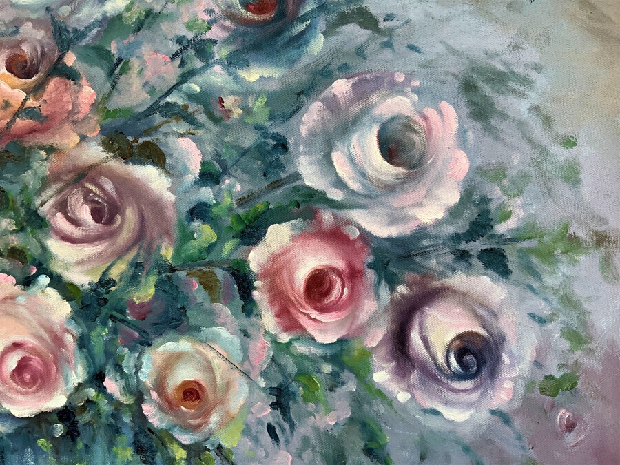 Antique Huge Stunning 20thc Impressionist Still Life Of Roses Floral Oil Painting