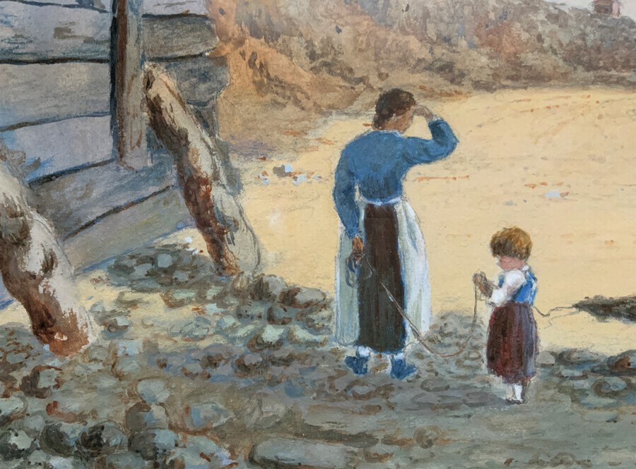 Antique A Charming Original Signed 19thc Watercolour Painting Of A Young Fishing Family