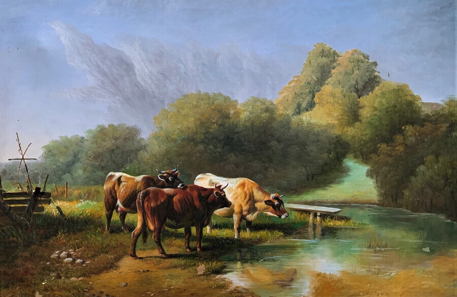 Antique Large Stunning 19thc Style Country Farming Landscape & Cattle Oil Painting