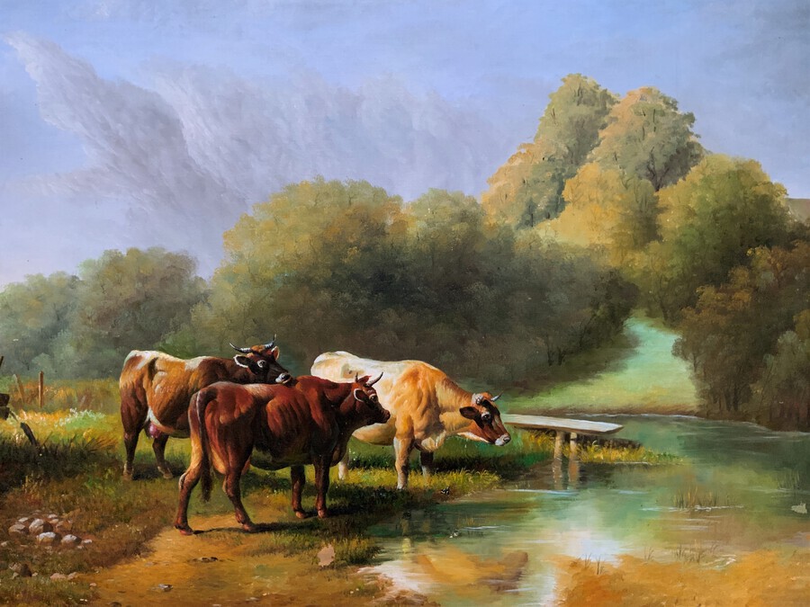Antique Large Stunning 19thc Style Country Farming Landscape & Cattle Oil Painting