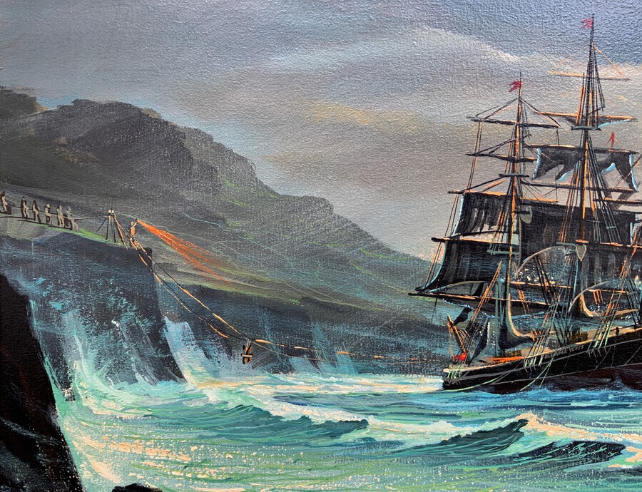 Antique 'Wrecked Off The Cornish Coast' Fabulous Large Vintage Seascape Oil Painting