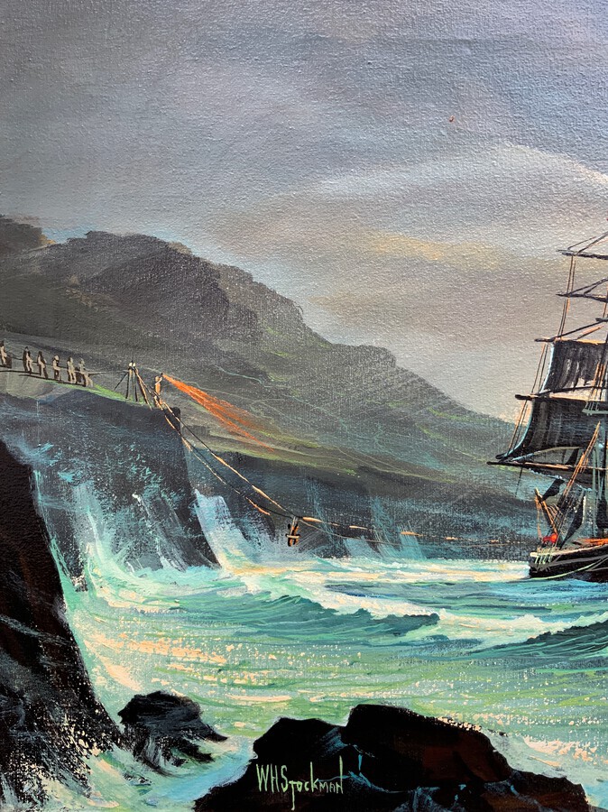 Antique 'Wrecked Off The Cornish Coast' Fabulous Large Vintage Seascape Oil Painting