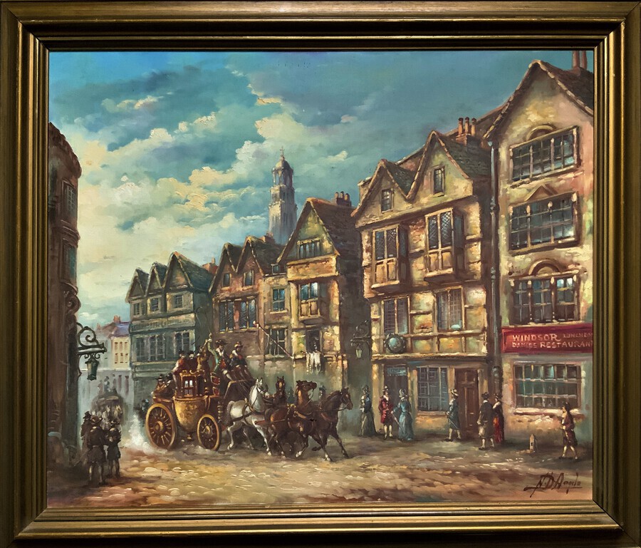 Original Large 18thc Style Architectural Cityscape Coaching Inn Oil Painting