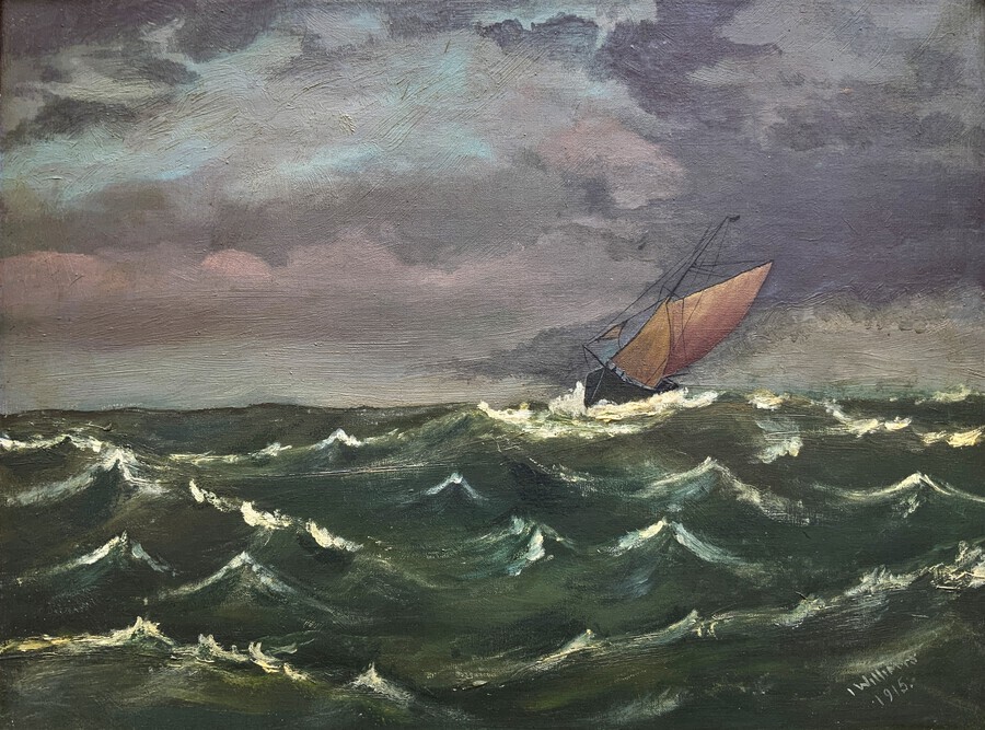 Antique A 1915 Nocturnal Sailing Boat In Rough Seas Seascape Oil Painting For Reframing