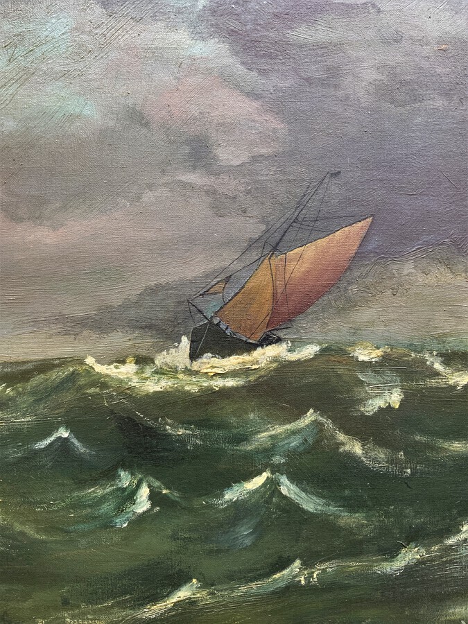 Antique A 1915 Nocturnal Sailing Boat In Rough Seas Seascape Oil Painting For Reframing