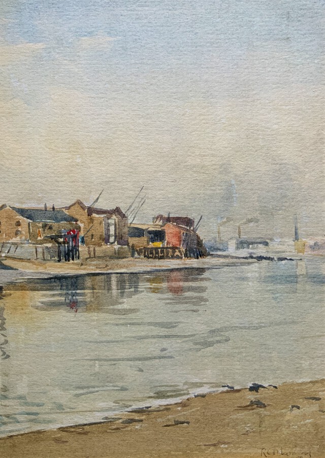 Antique An Industrial Estuary - Early 1900s British School Seascape Watercolour Painting