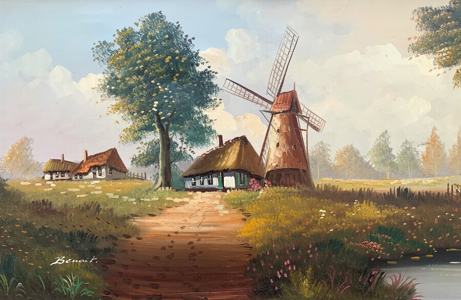 Antique Huge Impressive Mid 20th Century Country Dutch Windmill Landscape Oil Painting